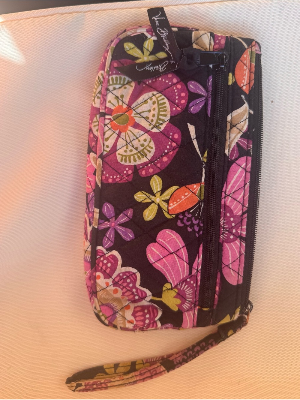 Vera Bradley Black Floral Quilted Wristlet with Pink, Green & Orange Accents